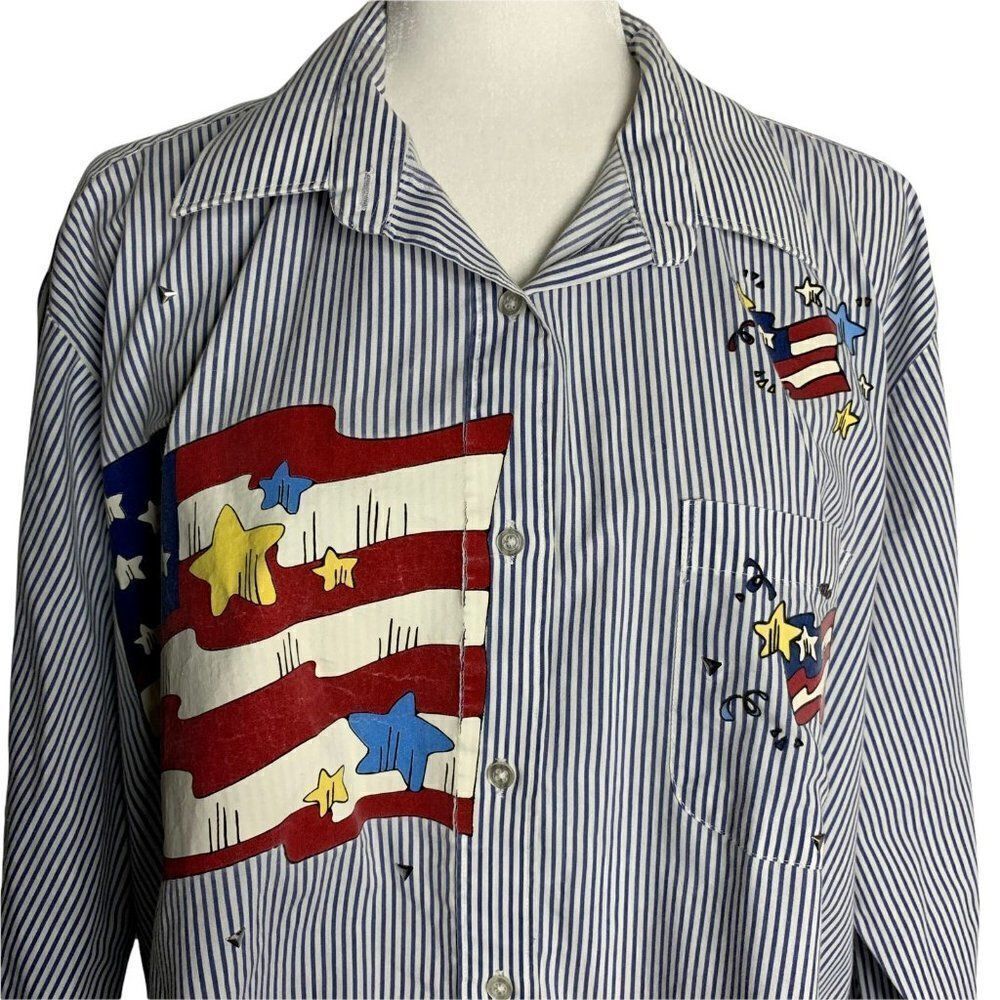 Vintage American Flag Button Up Shirt XXL Blue White Striped USA Patriotic